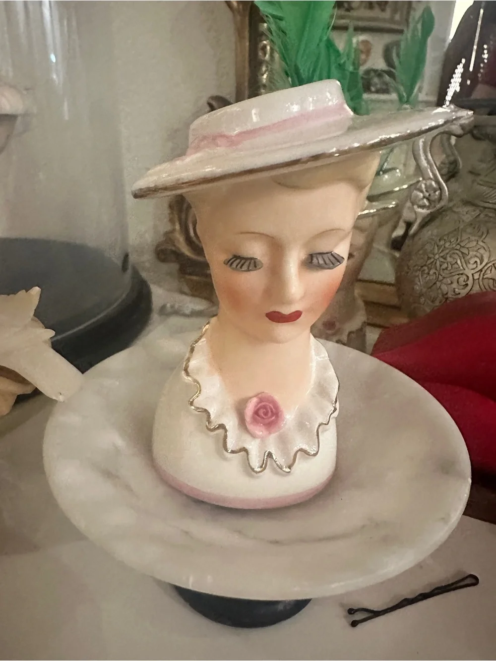 Vintage Ceramic Lady Head Vase - Pink Accents bud vase